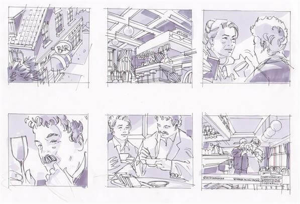 storyboard example created in pencil sketches of architectural/experiential