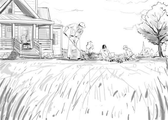 storyboard example rendered in pencil sketches of architectural/experiential