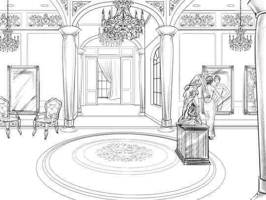 storyboard example created in pencil sketches of architectural/experiential