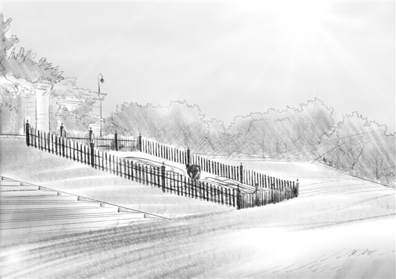 storyboard example created in pencil sketches of architectural/experiential