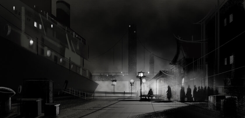 storyboard example created in pencil sketch tight of architectural/experiential