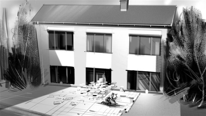 storyboard example created in pencil sketch tight of architectural/experiential