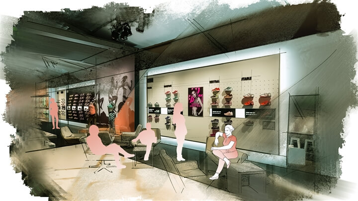 interactive art services storyboard example created in loose color of architectural/experiential