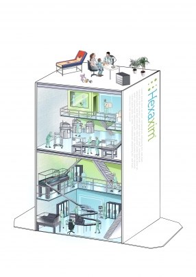 pharma storyboard example created in spot colour of architectural/experiential