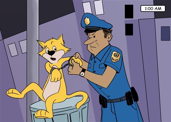 loose color storyboard of policeman arresting a guilty cat