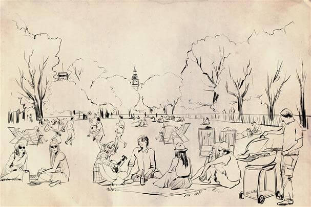 storyboard example created in pencil sketches of crowds