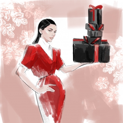 Draw A Dot storyboard example created in Marker Pen of Fashion Model in Red dress holding xmas packages