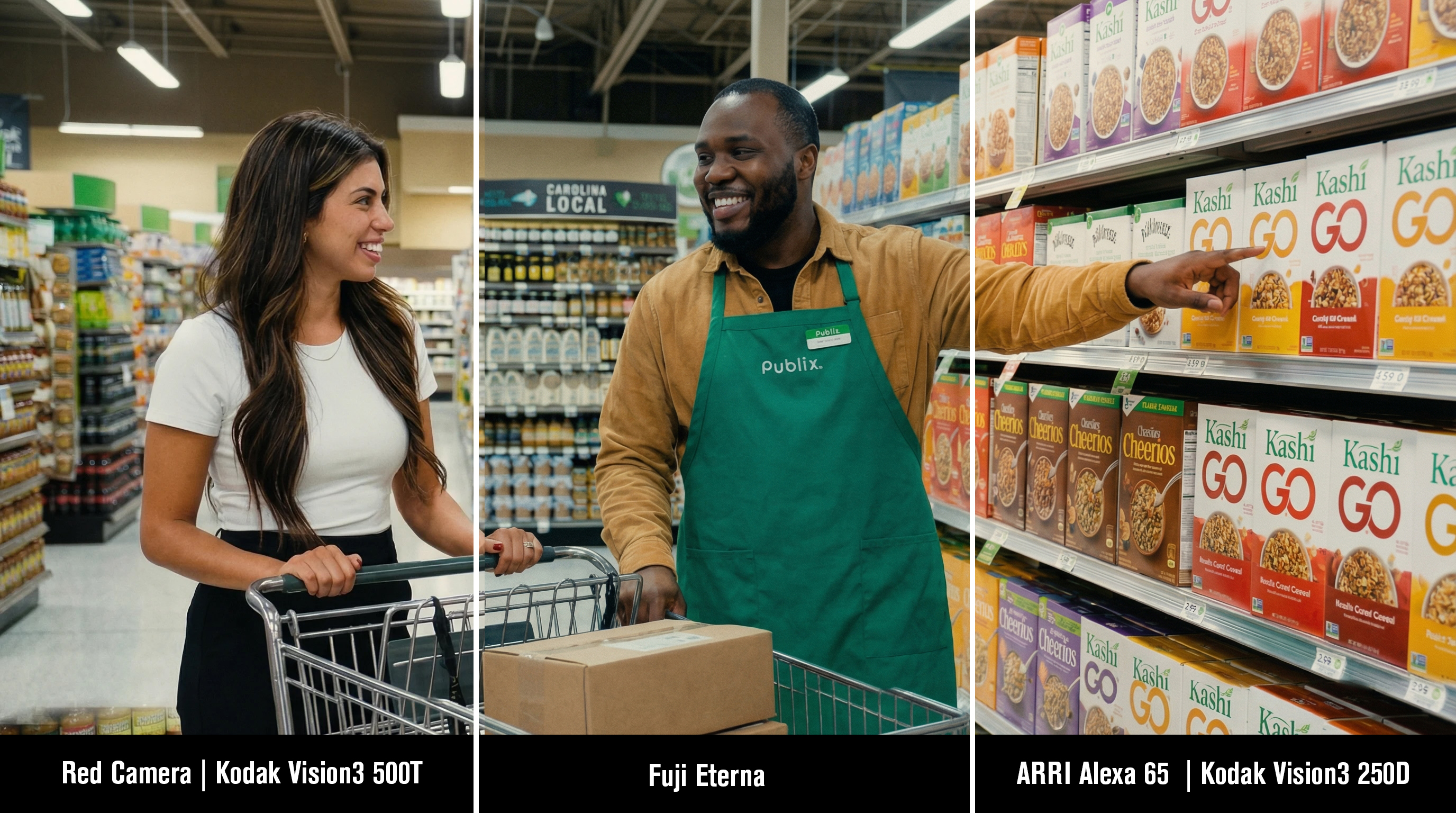 Same frame shown with three different film grades demonstrating color science matching