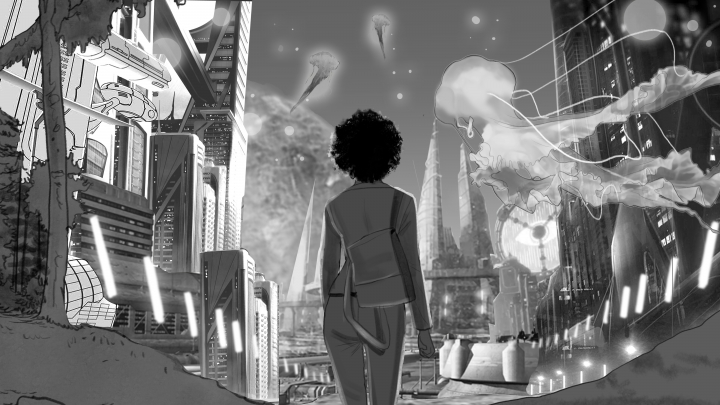 Shutterstock storyboard example created in Tight Pencil Sketches of Sci-fi Illustrations