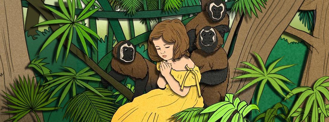 loose color storyboard of a little girl with monkeys