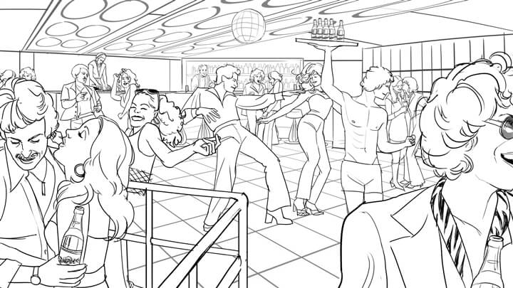 storyboard example created in pencil sketches of crowds
