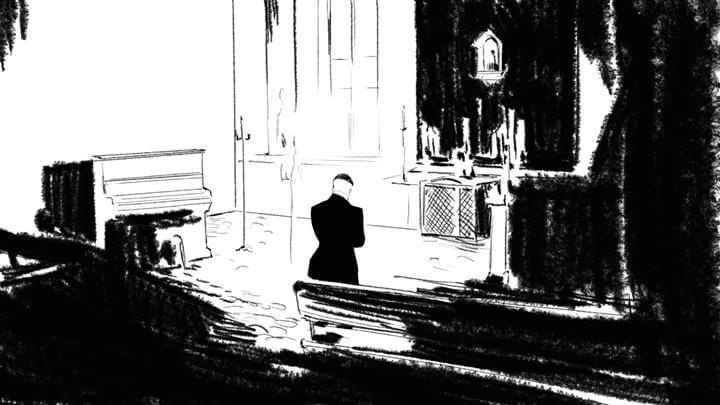 storyboard example illustrated in pencil sketches of cinematic illustrations