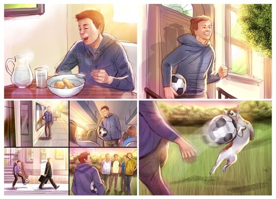 storyboard example created in loose color of cinematic illustrations