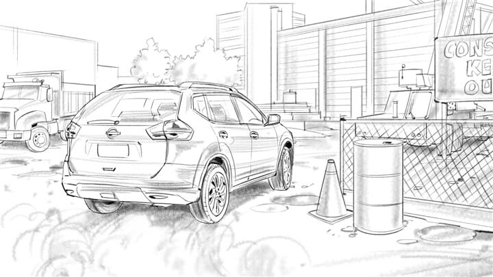 storyboard example created in pencil sketches of automotive