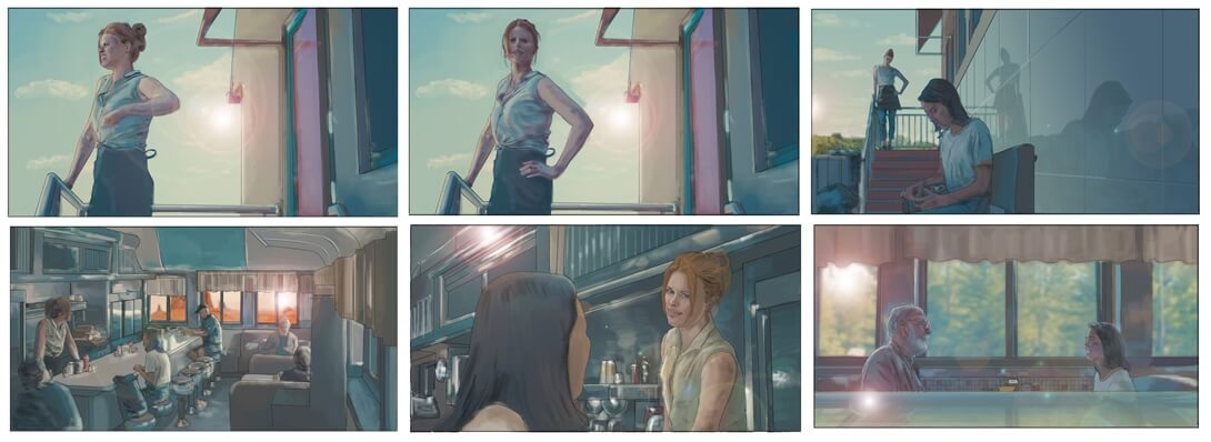 storyboard example created in loose color of cinematic illustrations