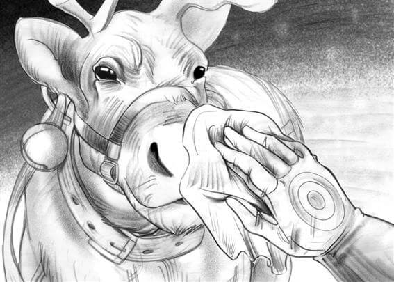 storyboard example created in pencil sketch tight of animals