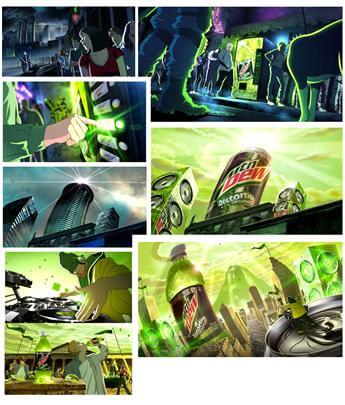 mountain dew storyboard example created in tight colour of cinematic illustrations