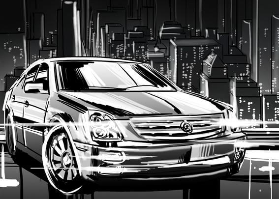 storyboard example drawn in pencil sketch tight of automotive